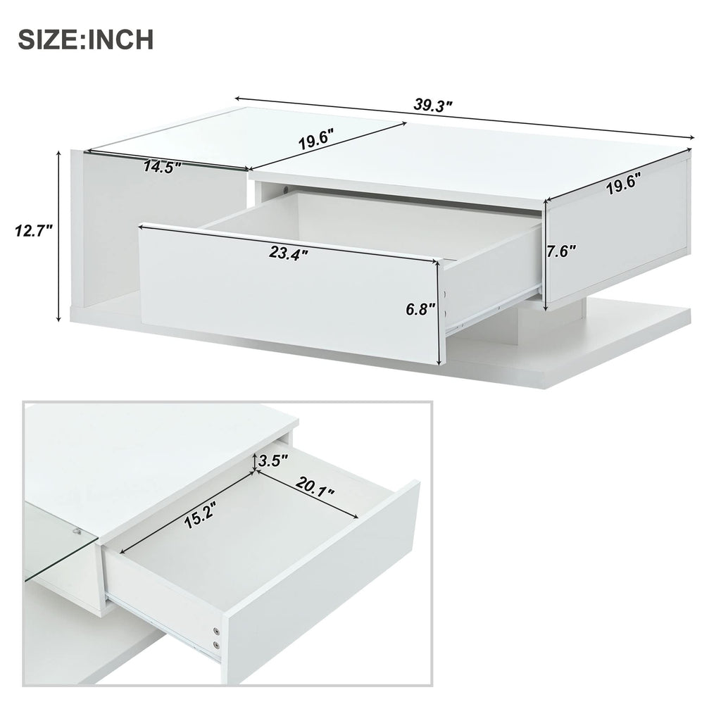 LUMISOL High-Gloss Center Table with Tempered Glass and Storage, White