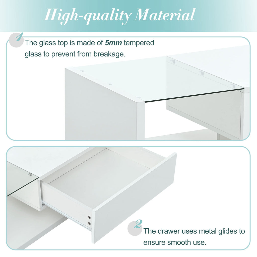 LUMISOL High-Gloss Center Table with Tempered Glass and Storage, White