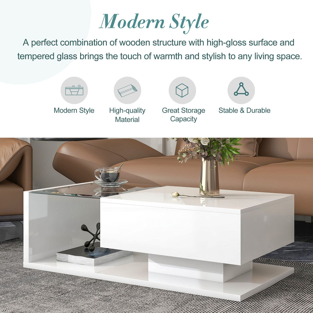 LUMISOL High-Gloss Center Table with Tempered Glass and Storage, White
